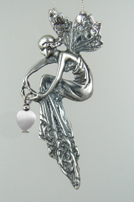 Sterling Silver Fairy of Sweet Dreams Pendant With White Mother of Pearl Heart